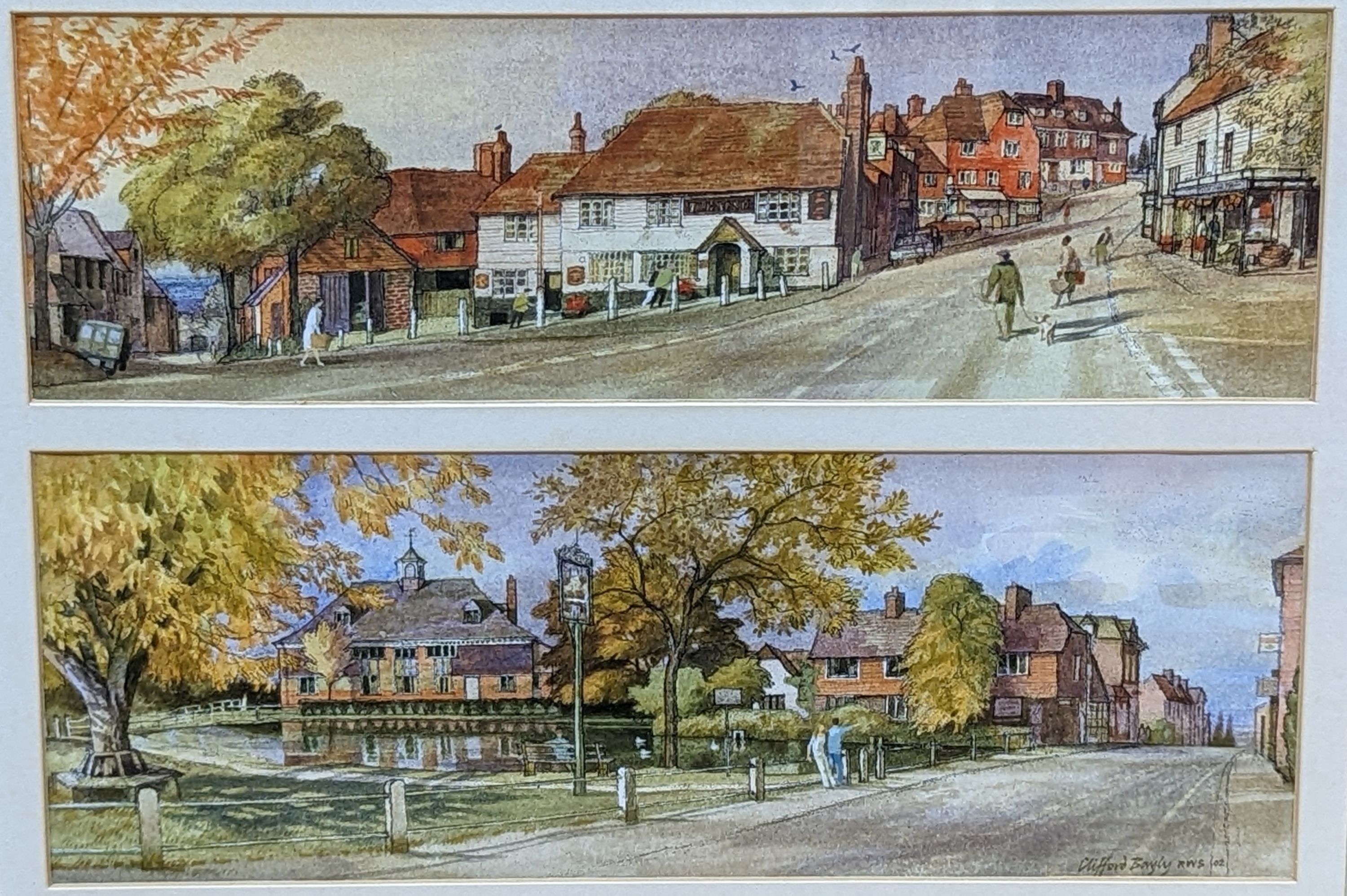 Clifford Bayly, R.W.S., (b.1927), two ink and watercolours, 'The Vine Public House' and 'Duck pond, Goudhurst, Kent', one signed and dated '02, framed as one, overall 21 x 30cm